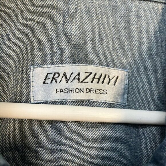 Ernazhiyi Denim Shirt Dress Womens Cotton Blue Jean Knee Length Button Front - Picture 2 of 9